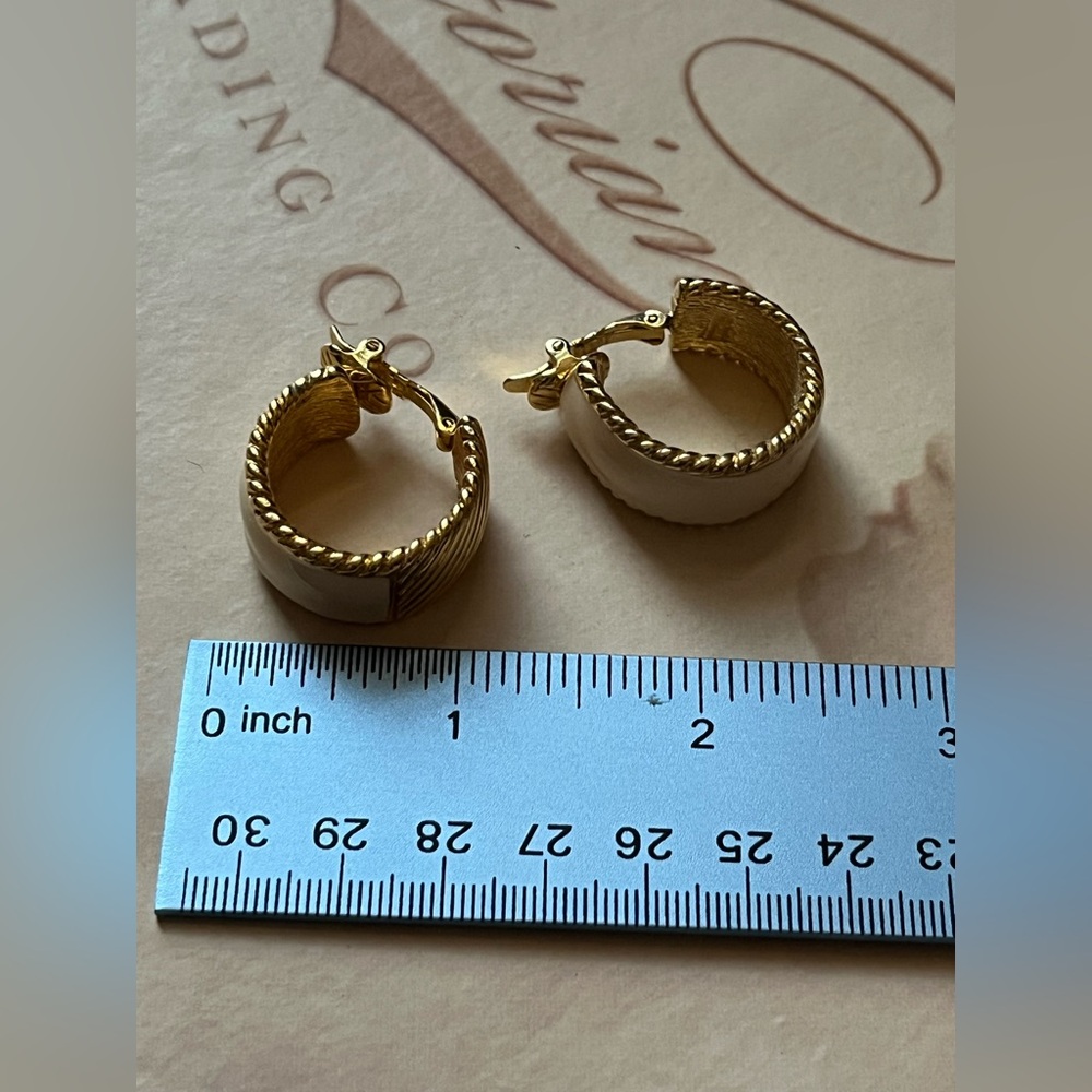 Trifari Gold and Cream Hoop Earrings - Picture 4 of 6